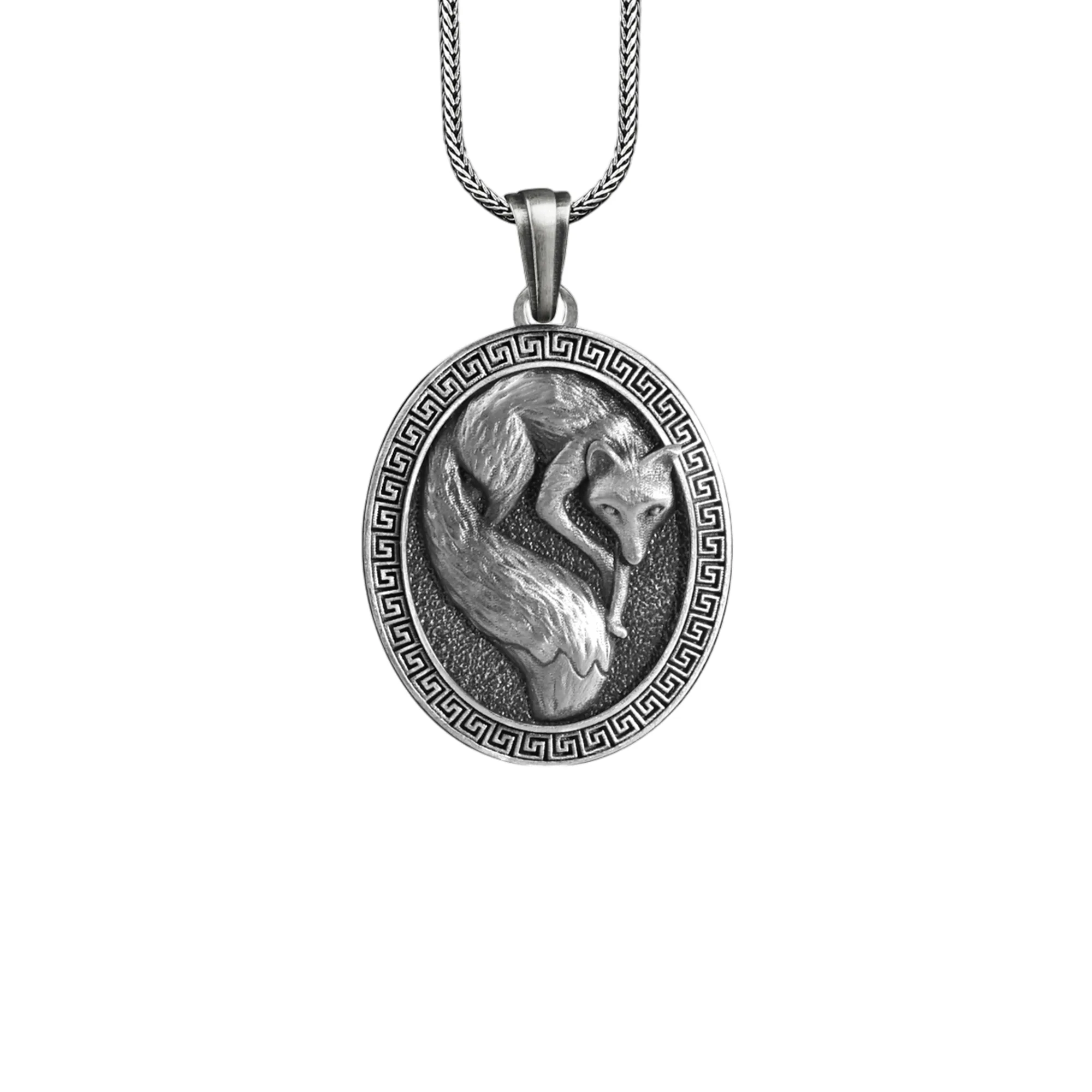 Kitsune Fox Necklace Sterling Silver Oval Pendant Mythology Animal Lover Gift
