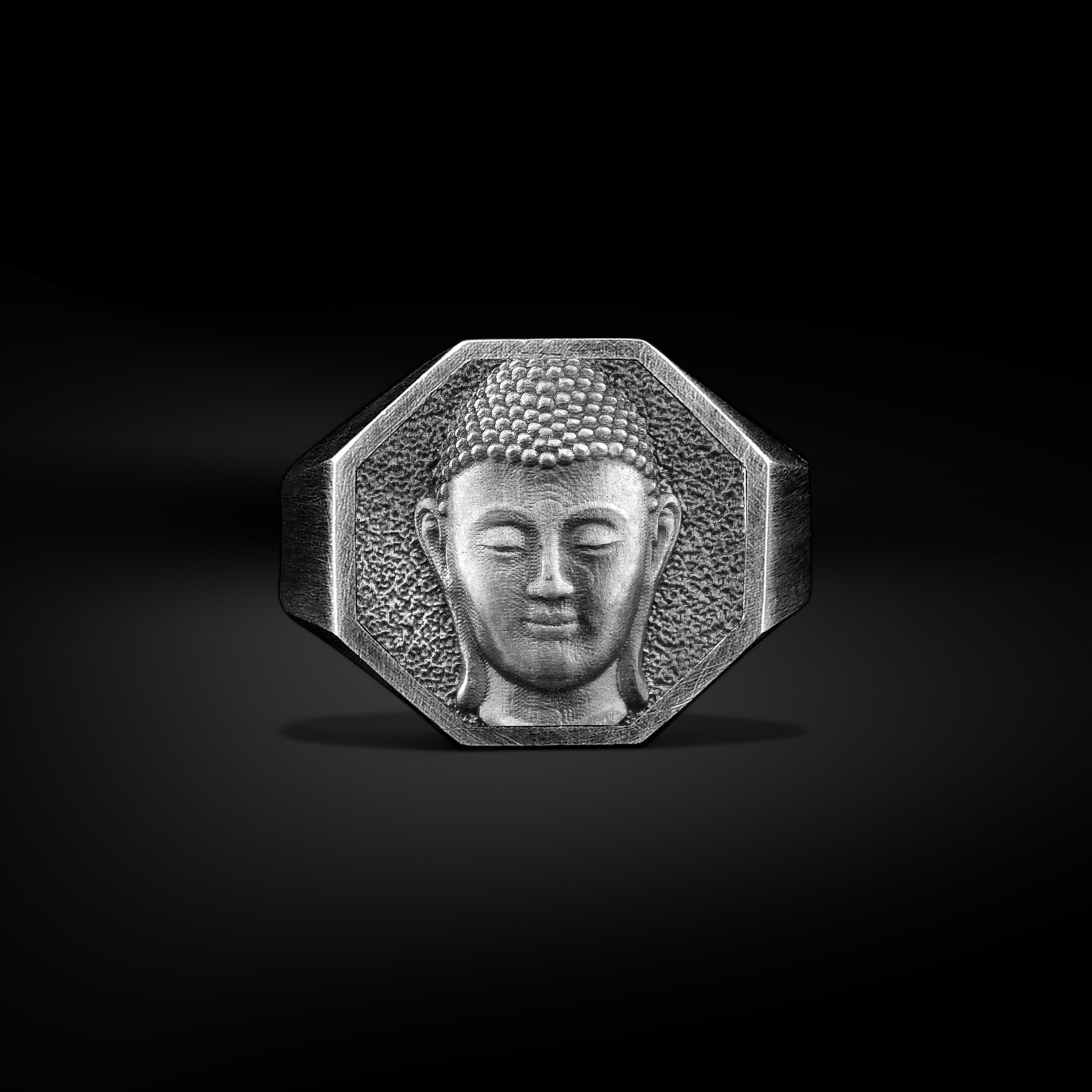 Buddha Dainty Mystical Signet Mens Ring in Sterling Silver, Minimalist Healing Sterling Silver Rings, Spiritual Buddhist Gift Jewelry