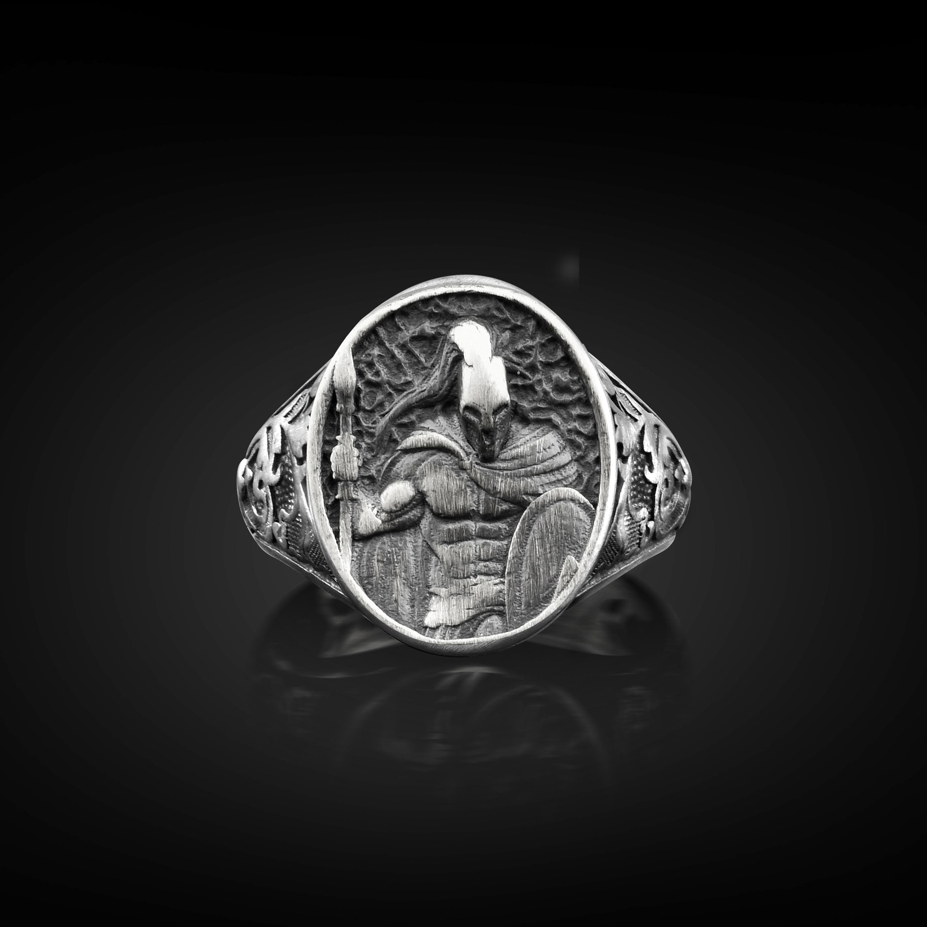 Spartan King Leonidas Silver Men Oval Signet Ring, Ancient Greek Warrior Rings for Dad or Boyfriend, Modern Unusual Gift Jewelry for Husband